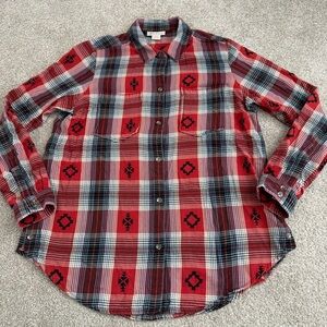 Ariat Men’s Red Gray Plaid Tribal Plaid Flannel Cotton Button-Up Shirt Size M